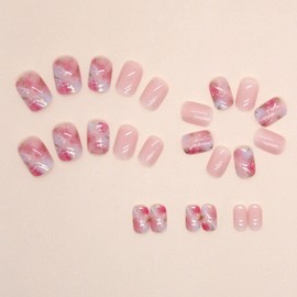 Pink Press on Nails Short Fake Nails Square Nails Press ons Smudge Translucent Glue on Nails Sweet Flowers Acrylic Petite Stick on Nails for Women Girl 24 Pcs