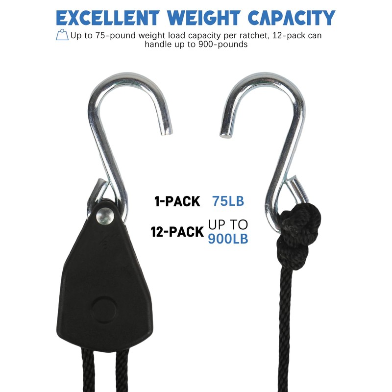 12-Pack 1/8" Adjustable Rope Hanger, Heavy Duty Retractable Ratchet Tie