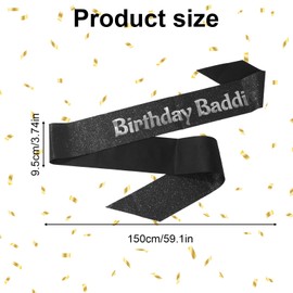 Birthday Baddie Sash, Soft Glitter Sash with Safety Pin for Women Men Party Decoration Accessories (Black & Silver)