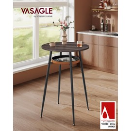 VASAGLE EKHO Collection - Bar Table with Storage, Round High Pub Table, Synthetic Leather with Stitching, Mid-Century Modern, Kitchen Home Bar, Living Room, Easy Assembly, Ash Brown and Caramel Brown