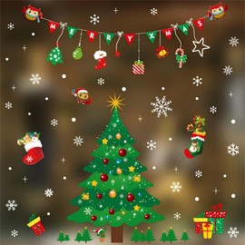 Tongke Christmas Decorations Window Clings, Christmas Window Stickers Double-Sided with Festive Tree, Ornaments, Snowflakes Reindeer (Green)