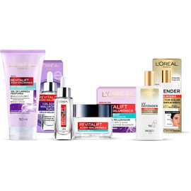 Kit L'Oreal Paris Skincare Limpieador facial Cleanser oil Serum Facial cido hialurnico Crema en Gel Revitalift cido hialuronico UV Fluid, protector solar sin color fps50