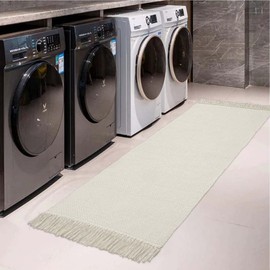 Collive Hallway Runner Rug, 2' x 6' Hand-Woven Reversible Washable Entryway Rug, White/Beige Cotton Modern Farmhouse Laundry Room Rug Long Carpet for Bathroom Sink Foyer Bedroom