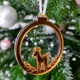 Mein erstes Weihnachten Baby Weihnachtskugel mit Name - Baumschmuck REH aus Acryl-Glas (Acryl Gold)
