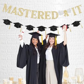 FHGG Glitter Mastered It Decorations Banner Gold Glitter Graduation Class of 2025 Banner Pre-Strung College Congrats Grad Congratulations Party Decorations & Decor with Tassel Pie Banner Party Decor College NO DIY