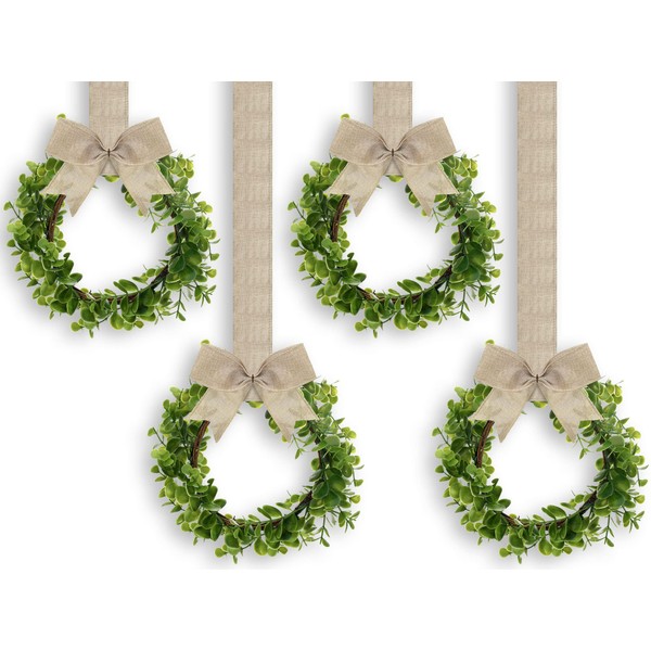 4 Pieces Faux Kitchen Cabinet Wreaths Boxwood Wreaths with Ribbon Artificial Green Leaves Wreaths Decorative Hanging Wreaths for Cabinet Wall Window Front Door Decors (Burlap, Linen)