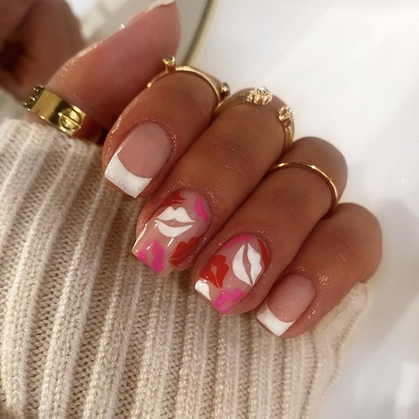 White French Tip Press on Nails Valentines Fake Nails Short