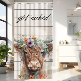 Hongma Highland Cow Get Naked Shower Curtain, 36x72 Inch Polyester Half Size Stall Shower Curtains with Hooks Waterproof Funny Letters Flower Animal Print Decorative Bath Curtain for Bathroom Decor