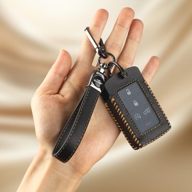 for Jeep Key Fob Cover with Keychain, Leather Car Key Case Full Protector Fit for 2021-2024 Jeep Grand Cherokee L Grand Wagoneer Smart Key, Black