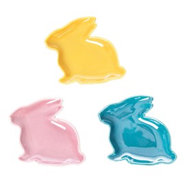 GALLERIE II 4.02" Easter Bunny Rabbit Shaped Yellow, Pink and Blue Ceramic Food Meal Serving Plates, Set of 3 Springtime Home Kitchen Dining Dinner Party Table Tabletop Children's Kids Decor