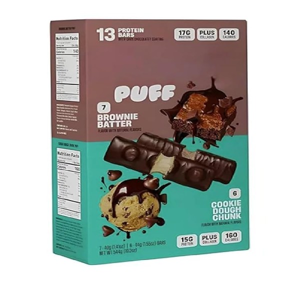 Puff Protein Bars, Variety Pack (13 Count) – 7 Brownie