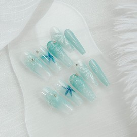 LARSOOY Nails Uñas postizas hechas a mano con diseño de ataúd largo | Uñas hechas a mano con mariposa de cristal Mint Mambo | Uñas postizas reutilizables para un verano fresco | Uñas postizas 10