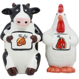 Ebros Gift Holstein Cow and Chicken Hen Holding Eat Chicken Eat Beef Sign Salt And Pepper Shakers Set Ceramic Home Kitchen Dining Accessory For Party Hosting Poultry VS Cattle Collectibles