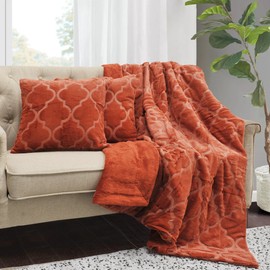 BYTIDE Trellis Faux Fur Sherpa Back 50" x 60" Plush Throw Blanket with Two 18" x 18" Pillow Covers (NO Insert) 3 Pcs Set, Soft Fuzzy Furry Throw and Cushion Cases for Couch Bed Sofa, Burnt Orange