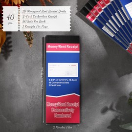 Crtiin 40 Pads Money and Rent Receipt Book 2.75 x 7.2 Inch Bound Cover 2 Part Carbonless Receipt Book with Carbonless Copies Receipt Log Book 50 Sets Per Book