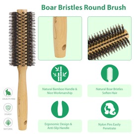 Vista Boar Bristle Round Brush with Bamboo Handle, Styling Hair Brush for Blow Drying, Detangling Hair Brush with Tail Comb for Women Men and Kids