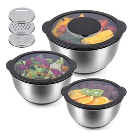 YUNYDSM Mixing Bowls with Airtight Lids Set of 3, 4.6/2.5/1QT Stainless Steel Nesting Mixing Bowls, 3 Grater Attachments & Non-Slip Bottoms, Nesting Salad Bowls for Serving, Preparing, Baking