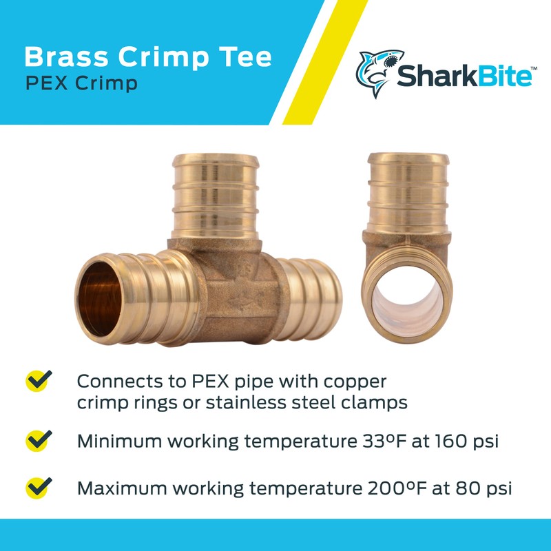 SharkBite 3/4 Inch Crimp Tee, Brass Plumbing Fitting, PEX Pipe,