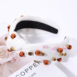 HEIDKRUEGER Game Day Headband - Basketball Studded Knot for Women, Pearl Crystal Jeweled Sport Spirit, Sports Fan Gifts (Bright White)