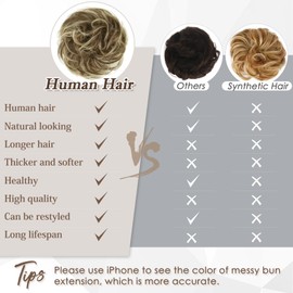 RUWISS Large Messy Bun Hair Piece 100% Human Hair Layered Wavy Curly Hair Buns Hair Piece for Women Updo Hairpiece for Daily Wear Real Hair Scrunchies Ponytail Extension (Brown Mixed Light Blond)