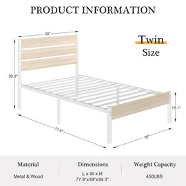 VECELO Twin Bed Frame with Wooden Headboard and Footboard, Heavy-Duty Platform Frames with Metal Slats Support System, 12 inch Under-Bed Storage, No Box Spring Needed, Natural Maple