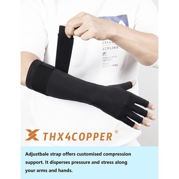 Thx4COPPER 1 Pair Long Arthritis Gloves with Adjustable Copper Bracelet Extra Long for Women Men - M