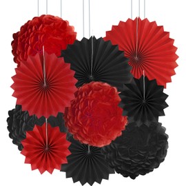 Black Red Casino Party Hanging Decorations - Viva Las Vegas Game Night Graduation Birthday Wedding Anniversary New Years Carnival Party Paper Fan Pom-Poms Flower Photo Booth Backdrops Decoration, 10pc