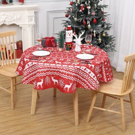LinTimes Christmas Table Cloth Christmas Reindeer Snowflake Print Tablecloth Tablecloth for Christmas Dinner Party Kitchen Decoration 60 Inch Rounds Red