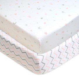 American Baby Company 2 Pack Fitted Crib Sheets 28" x 52", Soft Breathable Neutral 100% Cotton Jersey Sheet, Pink Star/Pink Zigzag, for Boys and Girls, Fits Crib and Toddler Bed mattresses