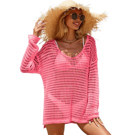 Nratto - Traje de baño de ganchillo para mujer, cubierta de traje de baño hueco para playa, ropa de playa, Rosa encendido, 7X-Large-10X-Large
