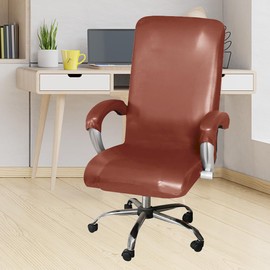 ITFRO Waterproof Office Chair Cover with Armrest Covers PU Leather Computer Chair Cover Desk Chair Cover Universal Rotating Chair Slipcover High Back Chair Seat Protector (Camel)