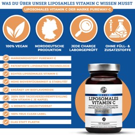 QIDOSHA® Vitamin C Komplex liposomal mit dem Markenrohstoff PureWay-C®, 120 Kapseln im Apothekerglas, Vitamin C liposomal plus Bioflavonoide, deutsche Fertigung, jede Charge in externem Labor geprüft
