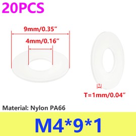 Qrity 20 PCS Nylon Flat Washers, M4 Round Spacer Washer, Tap Sealing Gasket Washers, Sealing Ring Washers, White Gasket, 4mm ID 9mm OD 1 mm Thick