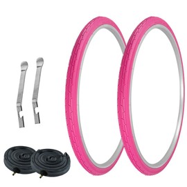 PRO+ Pair of Bicycle TIRE 700 X 35C Pink/Pink SIDEWALL Pair of Tires W/Heavy Duty Tubes 33MM Schrader Valve & TIRE LEVERS P-1180