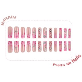 IMRAIN Long Square Press on Nails Pink French Tips Fake Nails with Cross & Cherry Charm Designs Full Cover Glossy Glue on Nails Acrylic Artificial Nail Supplies 24Pcs