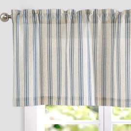 TOPICK Linen Striped Panel Curtain, Semi-Transparent Bistro Curtain, Sheer Curtain, Privacy Window Curtain for Small Windows, Kitchen, Living Room, Country House, Pack of 1, 125 W x 45 H (cm) Blue on