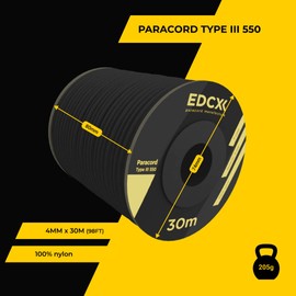 EDCX 4mm Nylon Paracord 550 30m (100ft) - Type III, 100% Nylon Rope, 7-Strand Rope, 4mm Solid Nylon Rope (Black, 30m)