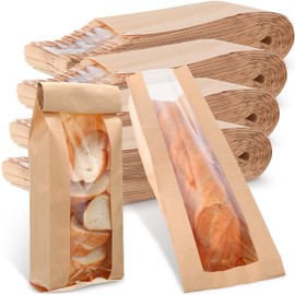 Thenshop 200 Pieces Paper Bread Bag with Window for Homemade Bread Bags Baguette Bags Brown Kraft Loaf Storage Sacks Long French Bread Bags Bread Biscuits Packaging (4.5 x 2 x 24 Inch)