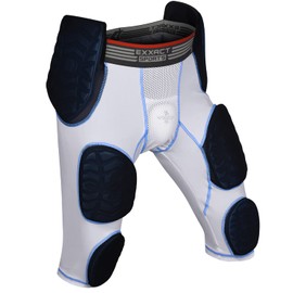 Exxact Sports Combat 7-Pad Football Girdle w/ Integrated Hips, Thigh, Knees & Tailbone Pads & Cup Pocket | Compression, Integrated Football Pads (Adult) (White-Blue Combat Plus, Adult 4X-Large)