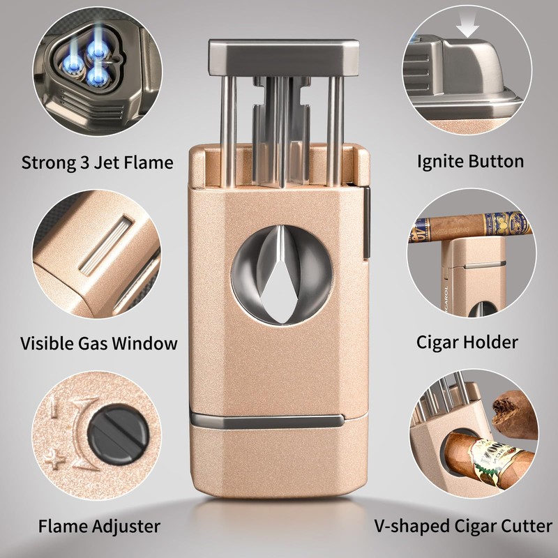 3 Jet Flame Cigar Lighter with Built-in V Cutter &