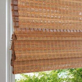 LANTIME Cordless Wood Window Blinds, Bamboo Sheer Light Filtering Woven Roman Shades, Tiger Wood, 24" W X 48" H