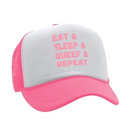 Nukem Cap Company Funny Women's Trucker Hat - Trucker Hats for Women - Perfect Gag Gift for Naughty Gift Exchange Trucker Hats Neon Hot Pink (US, Alpha, One Size, Eat Sleep Queef Repeat)