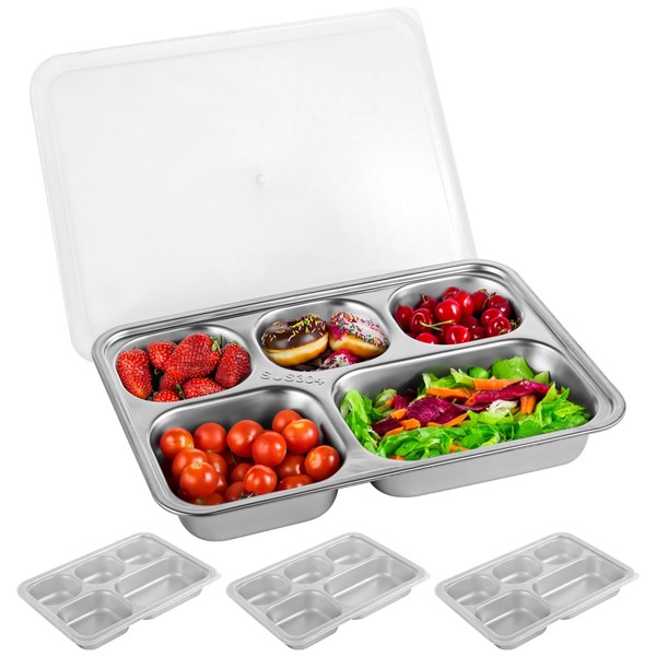 3 Pack Stainless Steel Snack Containers with Lids, 5-Compartment Reusable