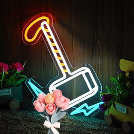 Hammer of Norse Mythology Neon Sign, Superhero Decorations - 13.7"x13.2", LED light for Wall Decor, Dimmable USB Powered, White Orange Ice Blue