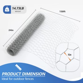 1 Inch 150 ft 24inch Chicken Enclosure, Livestock Confinement, Cages for Pets, Lawn Netting, EctMesh Size: 1inch, Wire Diameter: 0.6MM