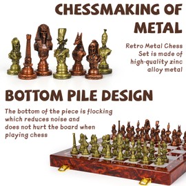 Large Egyptian Metal Chess Set for Adults – 15 Inch Foldable Wooden Chess Board with Weighted Antique Chess Pieces – Vintage Luxury Game Gift for Collectors，Classic Board Game