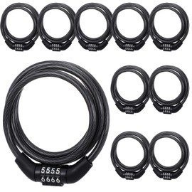 10 Pcs Bike Lock Cable with Combination - 4 Feet Coiled Preset 4 Digit Bicycle Lock, Heavy Duty Steel & PVC Anti Theft Cable for Bicycle, Scooter, Gate, Black 5/16 Inch Diameter