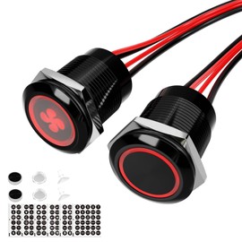 FILN 0.7 inch (19 mm) Push Button Switch, Alternate, 12 V, 24 V, 20 A, IP67 Waterproof, LED, Red, Set of 2, 185 Symbols Exchange, Non-polarity, Pre-wired for Vehicle, Marine, Industrial Use, Metal