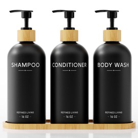 Shampoo and Conditioner Dispenser Set,Shower Soap Dispenser for Bathroom,Refillable Shampoo and Conditioner Bottles with Bamboo Pump and Tray,Soap Dispenser Bathroom for Shower (Black, 3-Pack)