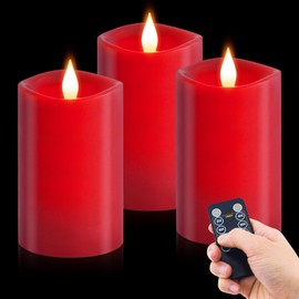 milysoek 3PCS, 3 x 5 inches Flameless Candle with Remote Control, 3D Flickering Wick, Real Wax Pillar LED Candles, Battery Candles,with Timer,for Holiday Home Decor, Red